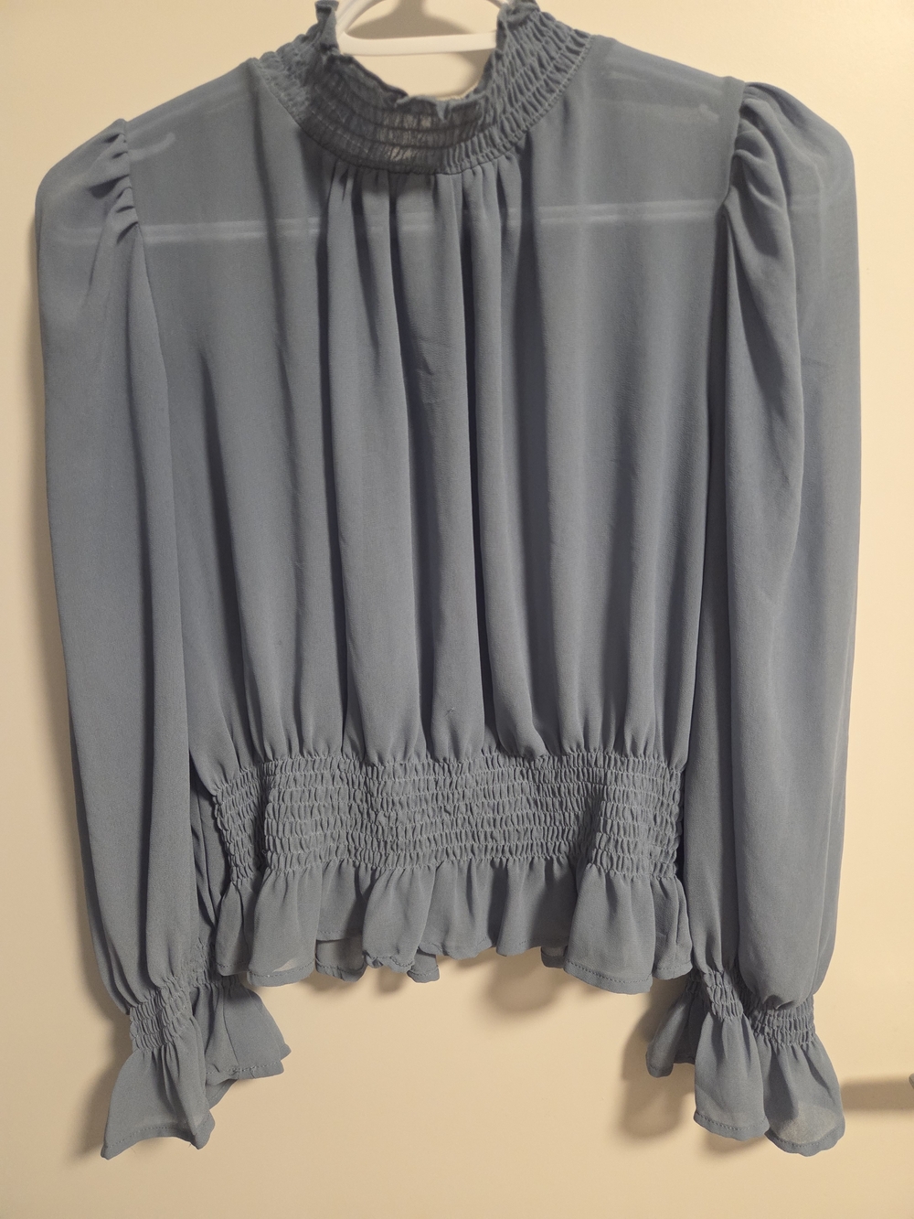 Blush Powder Blue Smocked Neck & Waist Long-Sleeve Blouse